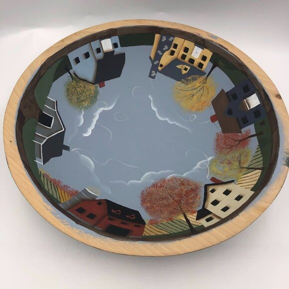 Vintage Hand Painted Wood Decorative Bowl Landscape Scenery Centerpiece - Picture 1 of 7